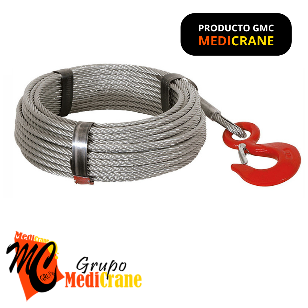 Cable de acero galvanizado GMC para cabrestante de 10mm x 25mts 6x36+1 con gancho de ojo de 2TN